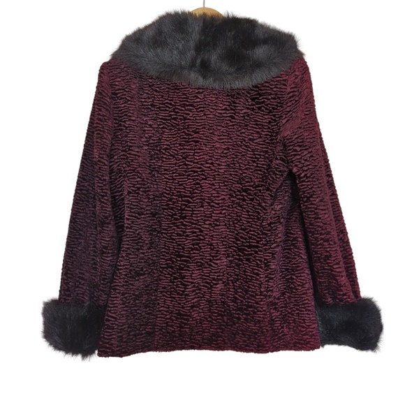 Vintage Burgundy Faux Persian Lamb Coat w/Faux Fur Trim Retro Glam - Picture 7 of 16